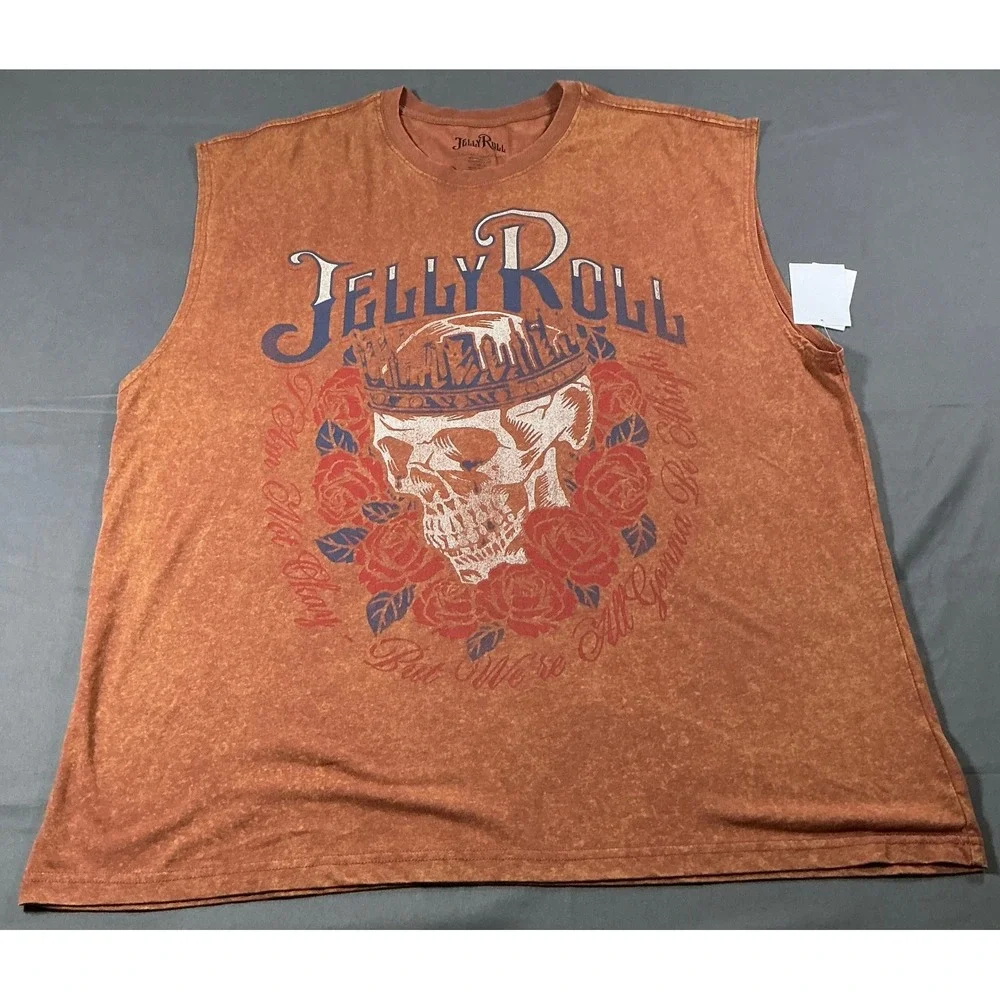 Jelly Roll Mens XL Muscle Tank Top Brown Mineral Wash Skull Heart of Stone New